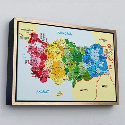 Çerçeveli Türkiye Haritası Kanvas Tablo İl Ve İlçeli Ayrıntılı Eğitici Komşulu Tablo-3021