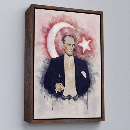 Çerçeveli Mustafa Kemal Atatürk Ve Türk Bayrağı Suluboya Görünümlü Dekoratif Kanvas Tablo-76