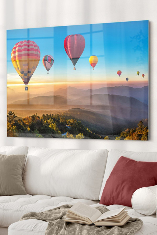 Uçan Renkli Balonlar | Manzara Temalı Cam Tablo | 50X70 Cm