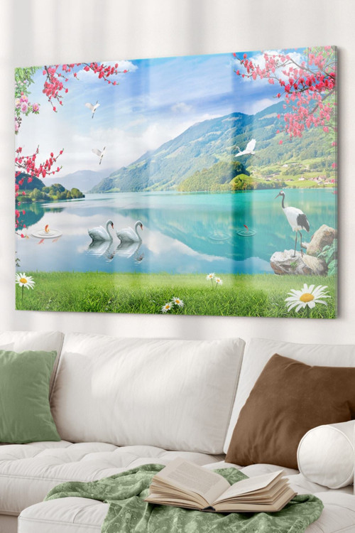 Gölde Yüzen Kuğular | Hayvan Temalı Cam Tablo | 50X70 Cm