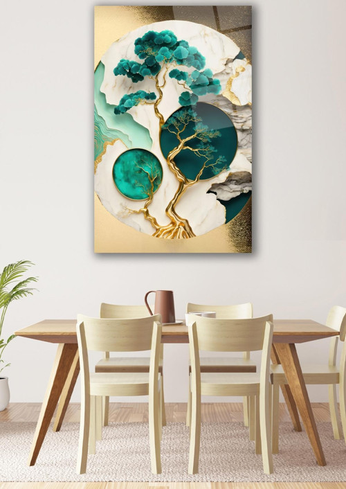 Soyut Bonsai Ağaç Cam Tablo Yeşil Gold Ev Ofis Salon Hediyelik Büyük Tablo