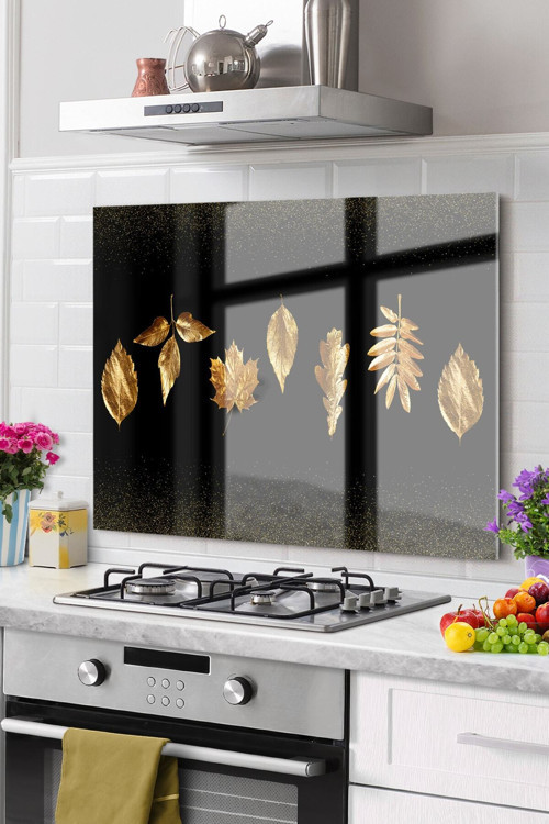 Premium Mutfak Cam Ocak Arkası Koruyucu Tezgah Ankastre Arkası Koruyucu 52X60Cm | Yaprak Gold