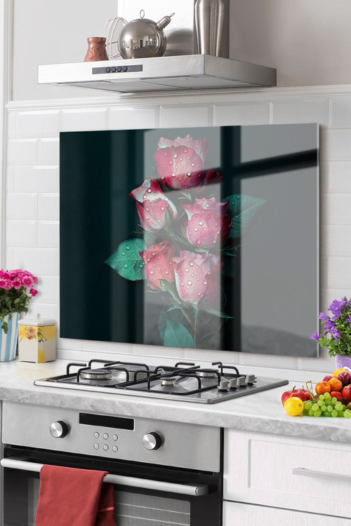 Premium Mutfak Cam Ocak Arkası Koruyucu Tezgah Ankastre Arkası Koruyucu 50X50Cm | Çiçek Gül Kırmızı