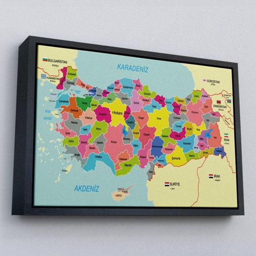 Çerçeveli Türkiye Haritası Kanvas Tablo Sınır Komşulu Eğitici Dekoratif Tablo-3080