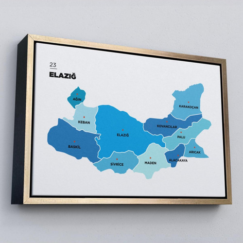 Çerçeveli Elazığ İli Ve İlçeler Haritası Dekoratif Kanvas Tablo-1332