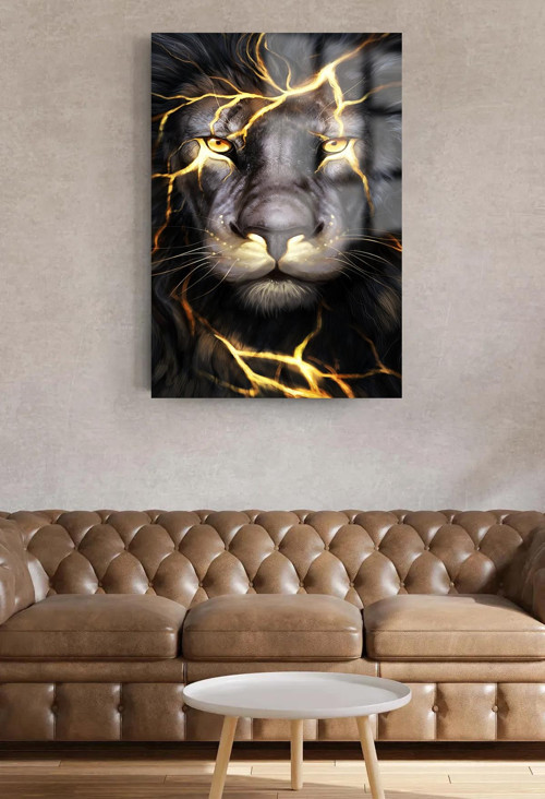 Aslan Cam Tablo Ateş Detaylı Ultra Canlı Renkli Kırılmaz Cam Tablo Ev ,İş Yeri Hediyesi