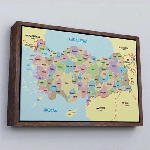 Çerçeveli Türkiye Haritası Kanvas Tablo Sınır Komşulu Eğitici Dekoratif Tablo-3100