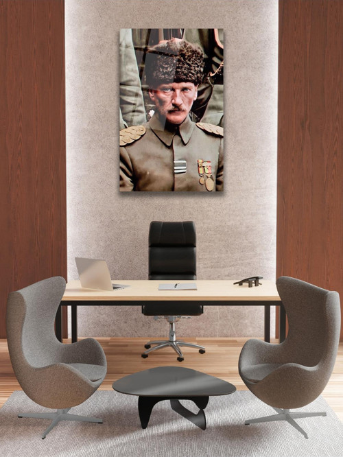 Mustafa Kemal Atatürk Üniformalı Dikey Cam Tablo, Modern Ev Ofis Salon Duvar Dekoru, Hediyelik Tablo