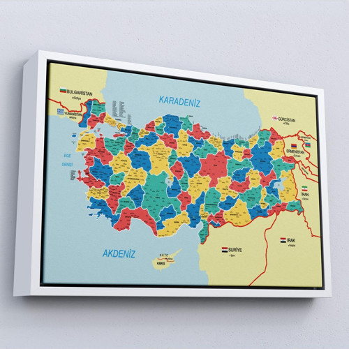 Çerçeveli Türkiye Haritası Kanvas Tablo İl Ve İlçeli Ayrıntılı Eğitici Komşulu Tablo-3019