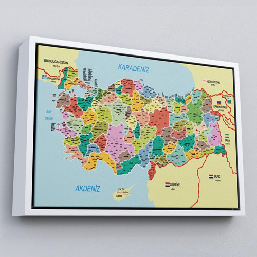 Çerçeveli Türkiye Haritası Kanvas Tablo İl Ve İlçeli Ayrıntılı Eğitici Komşulu Tablo-3012