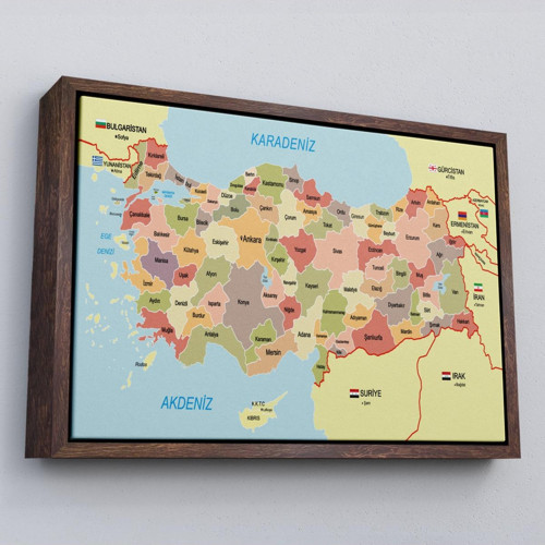 Çerçeveli Türkiye Haritası Kanvas Tablo Sınır Komşulu Eğitici Dekoratif Tablo-3101