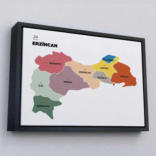Çerçeveli Erzincan İli Ve İlçeler Haritası Dekoratif Kanvas Tablo-1334