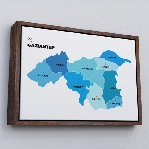 Çerçeveli Gaziantep İli Ve İlçeler Haritası Dekoratif Kanvas Tablo-1344