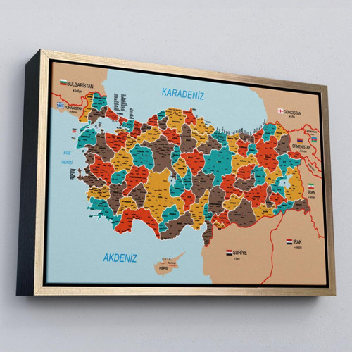 Çerçeveli Türkiye Haritası Kanvas Tablo İl Ve İlçeli Ayrıntılı Eğitici Komşulu Tablo-3010