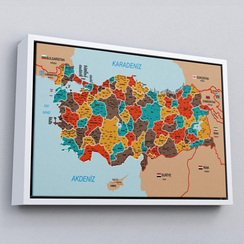 Çerçeveli Türkiye Haritası Kanvas Tablo İl Ve İlçeli Ayrıntılı Eğitici Komşulu Tablo-3010