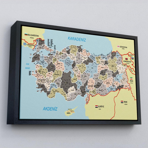 Çerçeveli Türkiye Haritası Kanvas Tablo İl Ve İlçeli Ayrıntılı Eğitici Komşulu Tablo-3013