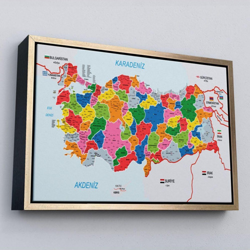 Çerçeveli Türkiye Haritası Kanvas Tablo İl Ve İlçeli Ayrıntılı Eğitici Komşulu Tablo-3023