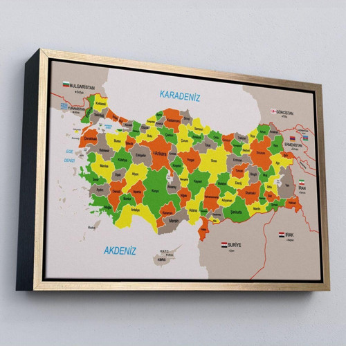Çerçeveli Türkiye Haritası Kanvas Tablo Sınır Komşulu Eğitici Dekoratif Tablo-3083