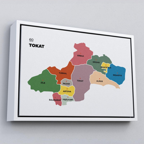 Çerçeveli Tokat İli Ve İlçeler Haritası Dekoratif Kanvas Tablo-1467