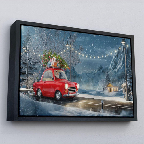 Çerçeveli Noel Baba Ve Küçük Kırmızı Retro Arabası Kanvas Duvar Tablosu-3752