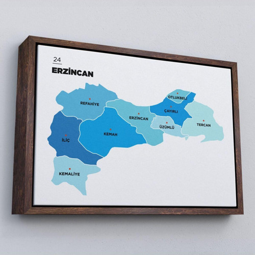 Çerçeveli Erzincan İli Ve İlçeler Haritası Dekoratif Kanvas Tablo-1335
