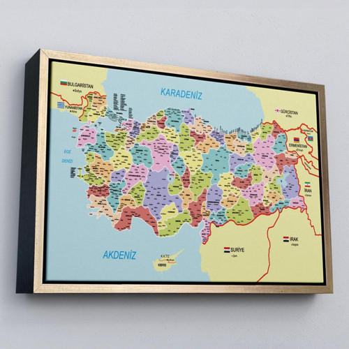 Çerçeveli Türkiye Haritası Kanvas Tablo İl Ve İlçeli Ayrıntılı Eğitici Komşulu Tablo-3011