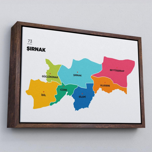 Çerçeveli Şırnak İli Ve İlçeler Haritası Dekoratif Kanvas Tablo-1460