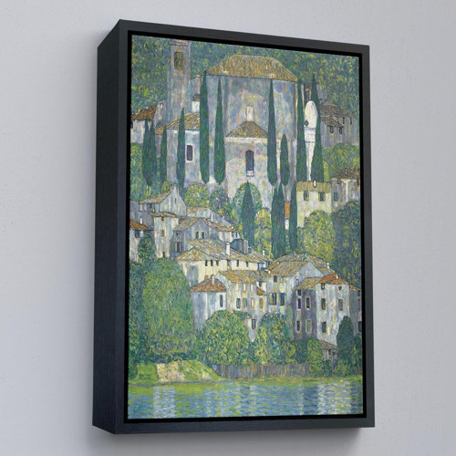 Çerçeveli Gustav Klimt - Cassone'Deki Kilise Selvili Manzara Tablosu-8095