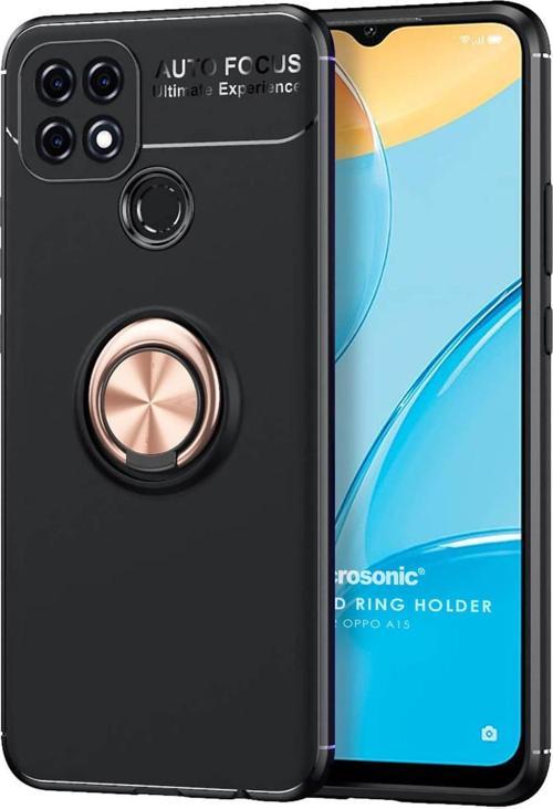 Oppo A15s Kılıf Kickstand Ring Holder Siyah Rose