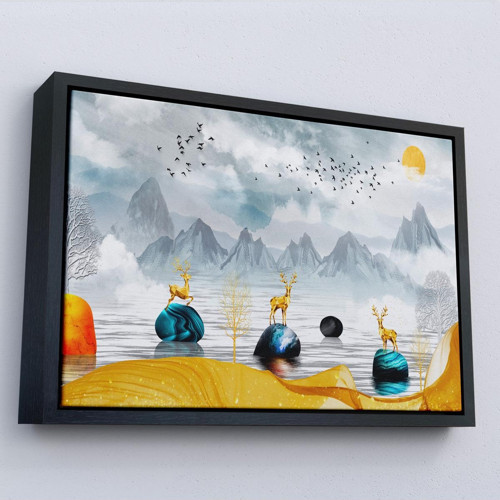 Çerçeveli 3D Modern Tasarım Altın Geyikler Tablosu-7196