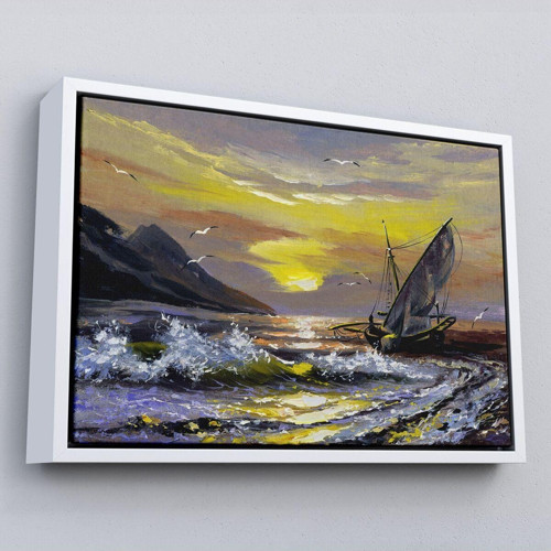 Çerçeveli Sahildeki Yelkenli Duvar Tablosu-3450