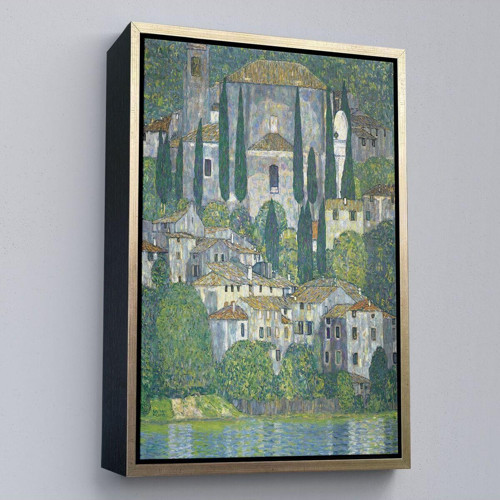 Çerçeveli Gustav Klimt - Cassone'Deki Kilise Selvili Manzara Tablosu-8095
