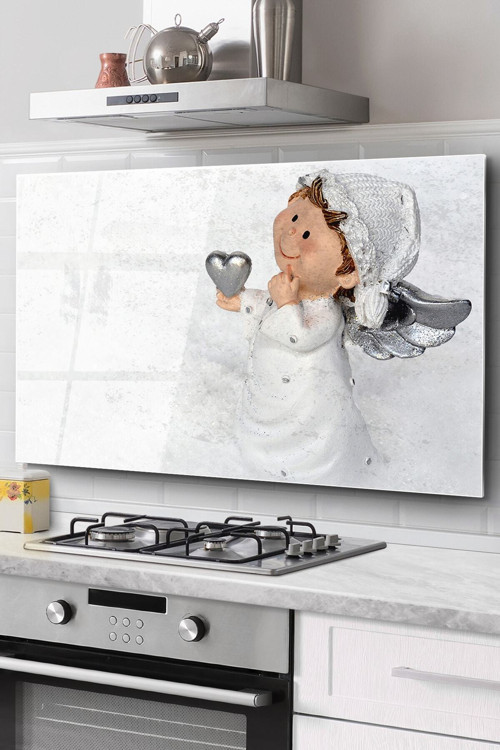 Ocak Arkası Cam Koruyucu Tezgah Ankastre Arkası Koruyucu 60X52 Cm | Kalp Ve Melek Desenli