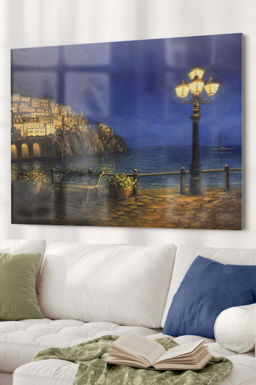 Sokak Lambası Ve Deniz Temalı | Manzara Temalı Cam Tablo | 50X70 Cm