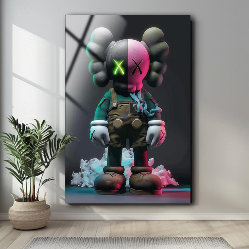 Kaws Modern Duvar Dekoru , Temperli Cam Üzeri Baskı , Renkli Cam Tablo , Asılmaya Hazır, Dikey Tablo