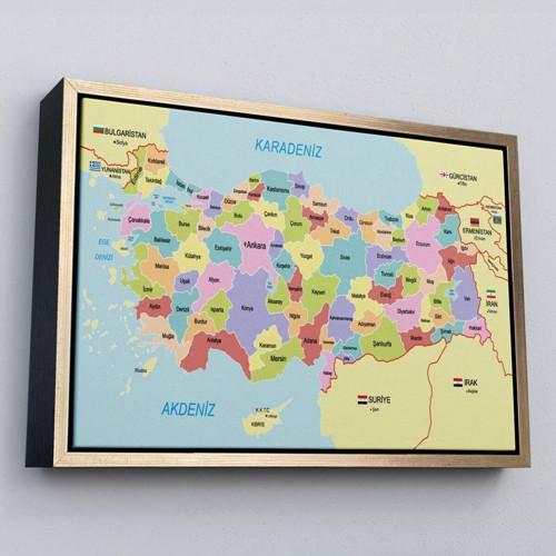 Çerçeveli Türkiye Haritası Kanvas Tablo Sınır Komşulu Eğitici Dekoratif Tablo-3095