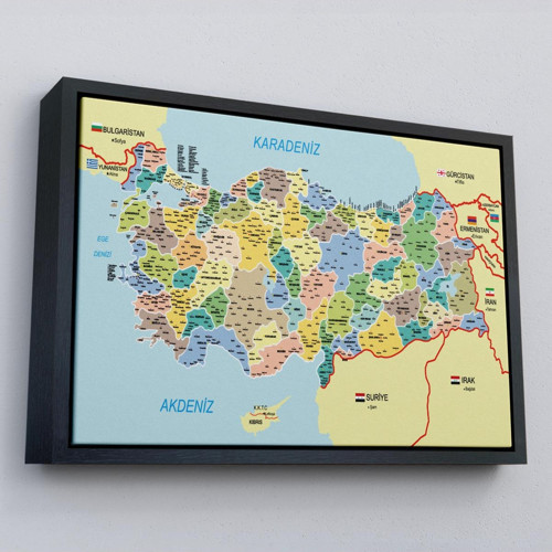 Çerçeveli Türkiye Haritası Kanvas Tablo İl Ve İlçeli Ayrıntılı Eğitici Komşulu Tablo-3018