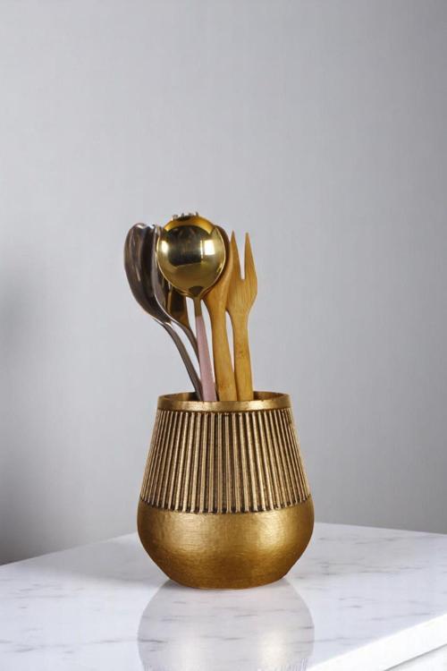 Tezgah Üstü Kaşıklık Dekoratif Dik Kaşıklık Silindir Kaşıklık Altın Renk Model 88