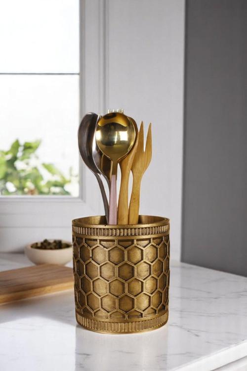 Tezgah Üstü Kaşıklık Dekoratif Dik Kaşıklık Silindir Kaşıklık Altın Eskitme Renk Model 81