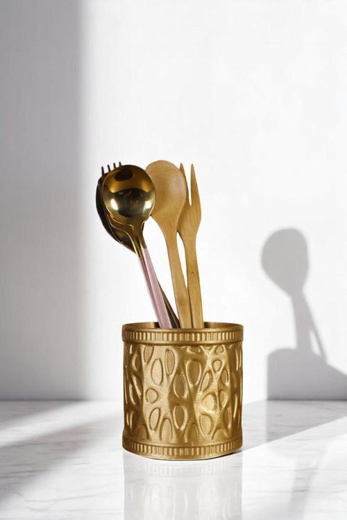 Tezgah Üstü Kaşıklık Dekoratif Dik Kaşıklık Silindir Kaşıklık Altın Renk Model 76