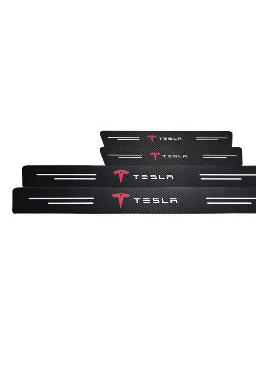 Tesla Logolu Karbon Kapı Eşiği Koruyucu Bant Folyo 4'Lü Set