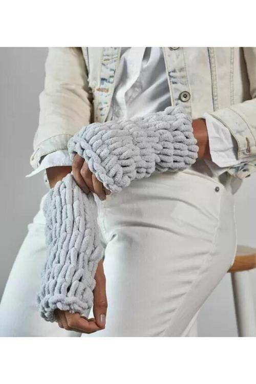 Gri Puffy Eldiven Trend Tasarım El Örmesi Kış Modası İskandinav Tarz Aksesuar Parmaksız