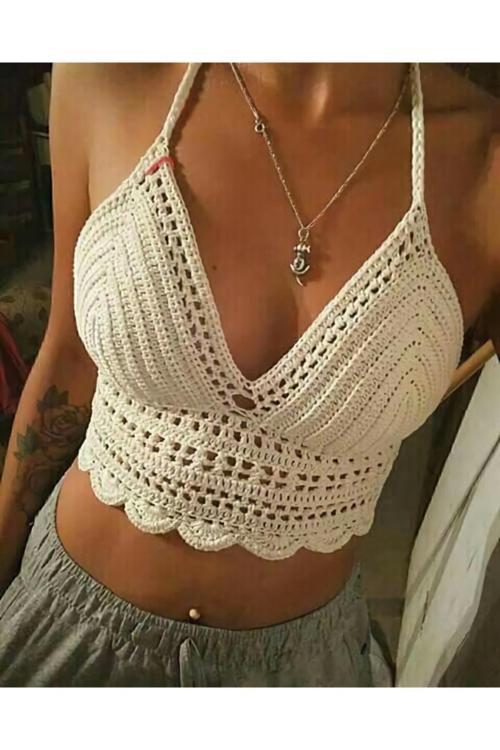 Kırık Beyaz El Örgüsü Crop Büstiyer Bikini Üstü Sık Iğne Iç Göstermez Xs Beden Yaz Modası