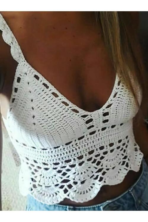 Beyaz El Örgüsü Desenli Crop Büstiyer Bikini Üstü Sık Iğne Iç Göstermez Yaz Modası