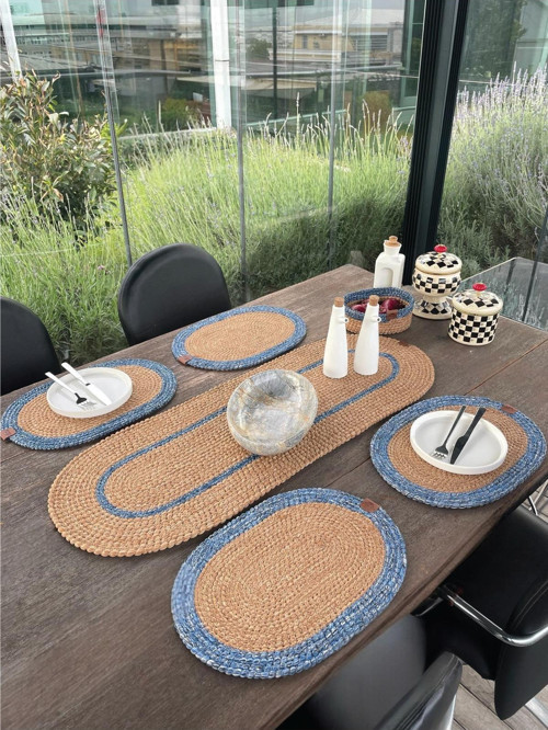 Doğal İp - Leke Tutmaz 6’Lı Masa Takımı | 4 Amerikan Servis, 1 Runner, 1 Sepet - Şık Sofra Seti