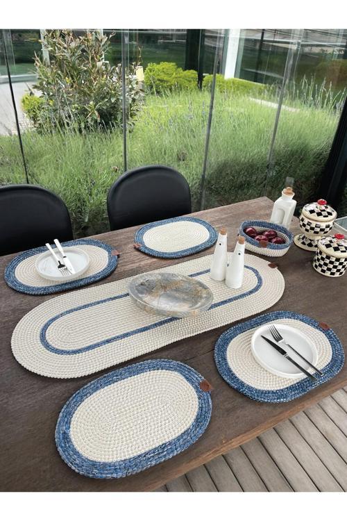 Doğal İp - Leke Tutmaz 6’Lı Masa Takımı | 4 Amerikan Servis, 1 Runner, 1 Sepet - Şık Sofra Seti