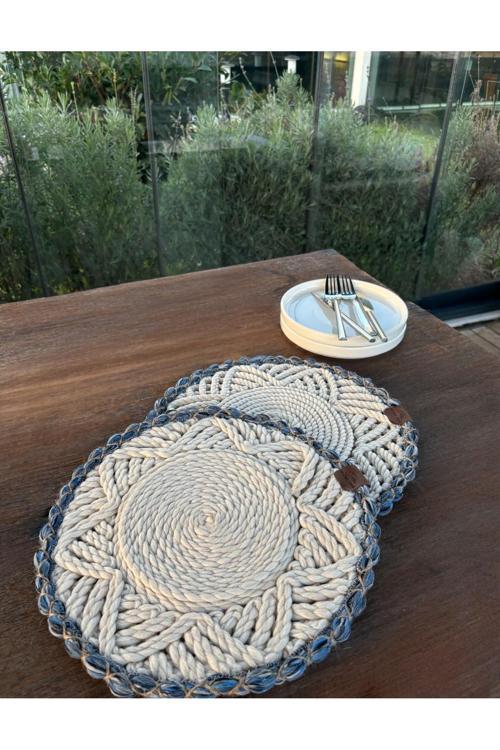 2'Li Amerikan Servis - Leke Tutmaz- Beyaz-Mavi 33 X 33 Cm