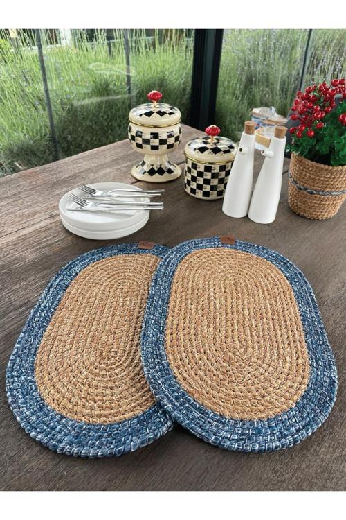 Bohem Tarz 2’Li Doğal İp Amerikan Servis – Hasır Görünümlü, Leke Tutmaz, Naturel-Mavi (40X28 Cm)