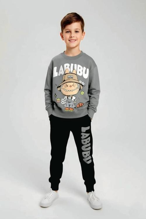 Labubu Desenli Erkek Çocuk Gri Renk Eşofman Takım