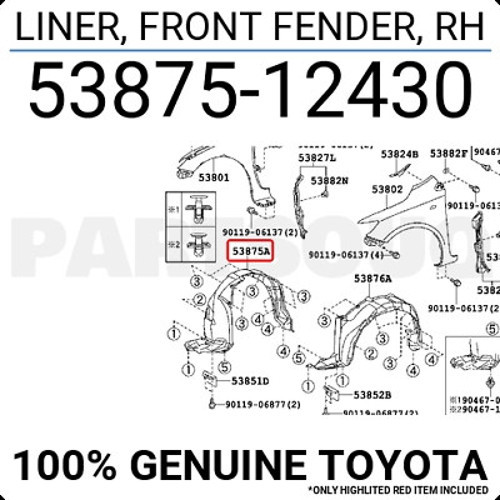 Toyota Corolla 2013-2019 Ön Sağ Çamurluk Davlumbazı (Enjeksiyon Üretim) Oem No (5387502480)
